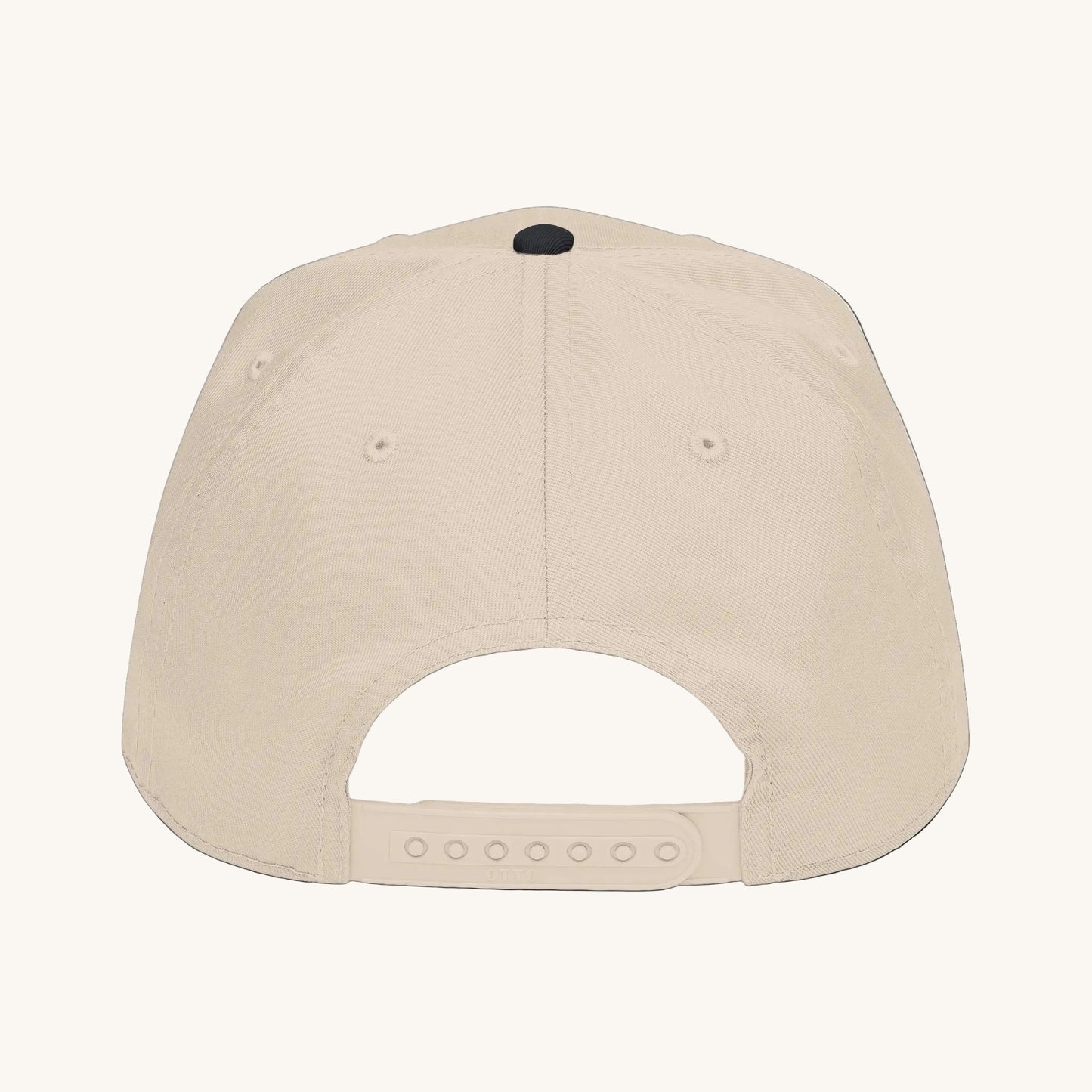 The back view of a beige snapback cap with a dark green button on top, shown against a plain white background.