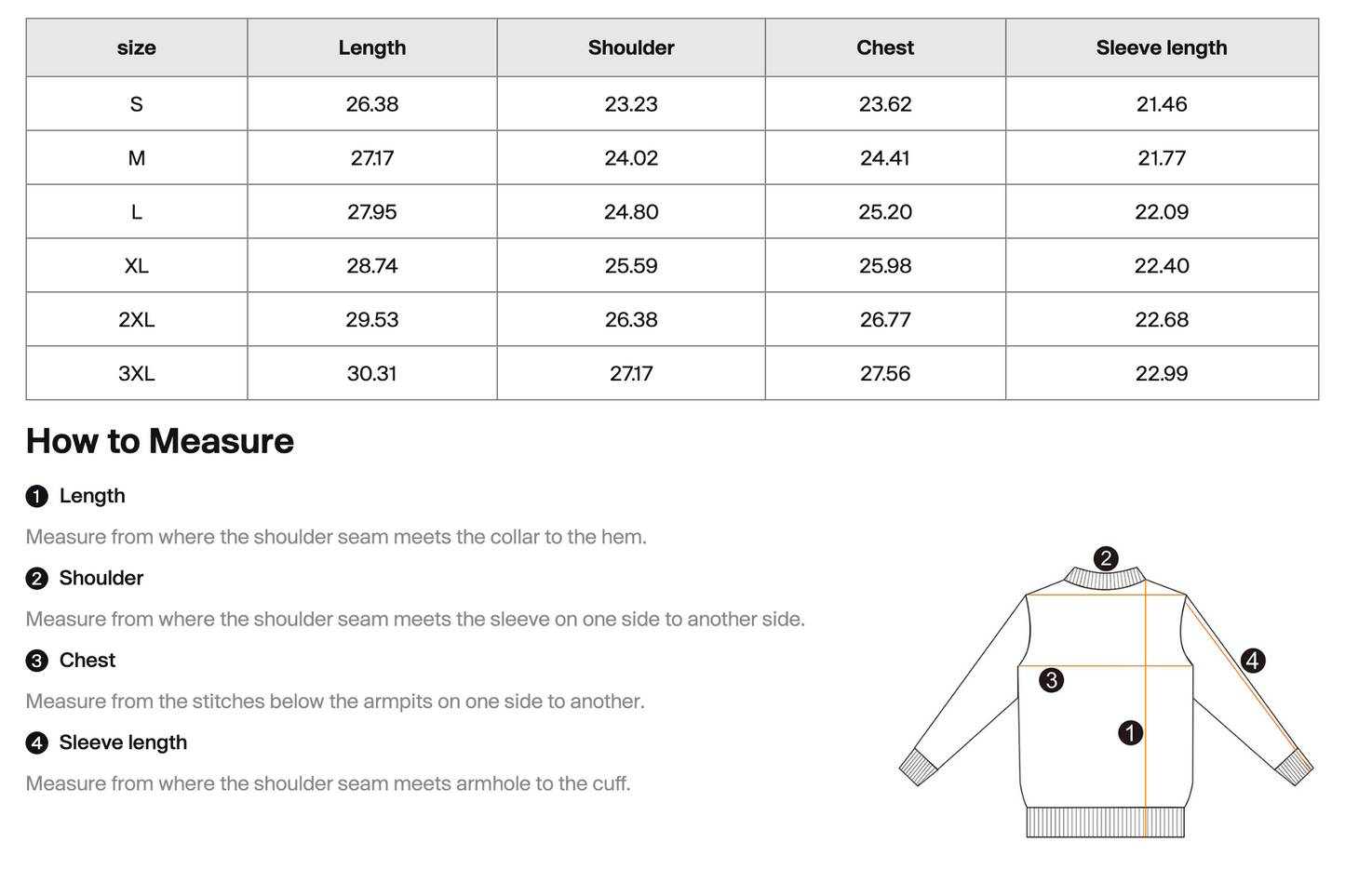 A size measurement chart for a sweater, showing a size table from S to 3XL with length, shoulder, chest, and sleeve length in inches and centimeters, plus a 'How to Measure' guide and a sweater diagram with measurement callouts.