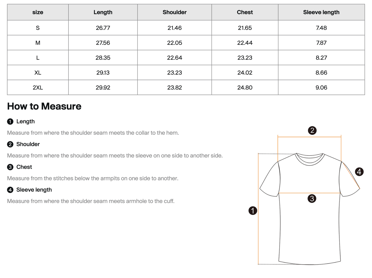 A size measurement chart and measurement guide for a short-sleeve T-shirt. The top section shows a size table with columns for size, length, shoulder, chest, and sleeve length for S through 2XL.