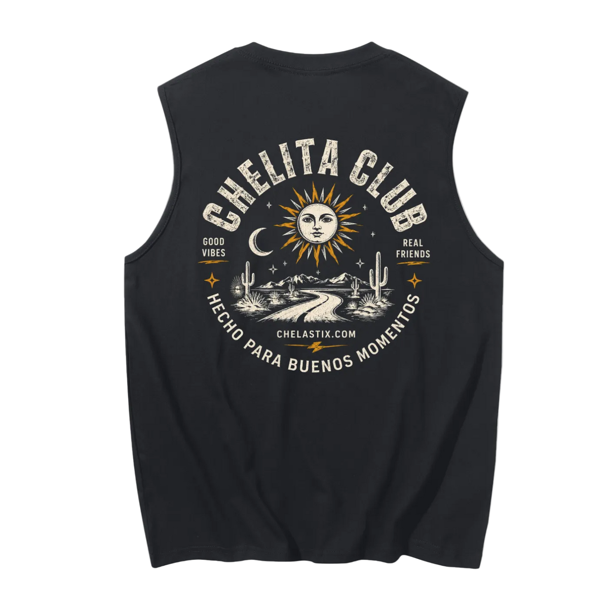 Black sleeveless shirt with white text and graphics on a white background