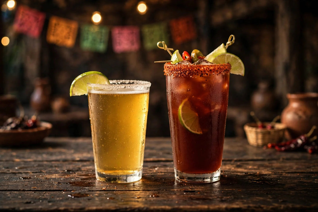 chelada and michelada side by side on a cantina bar