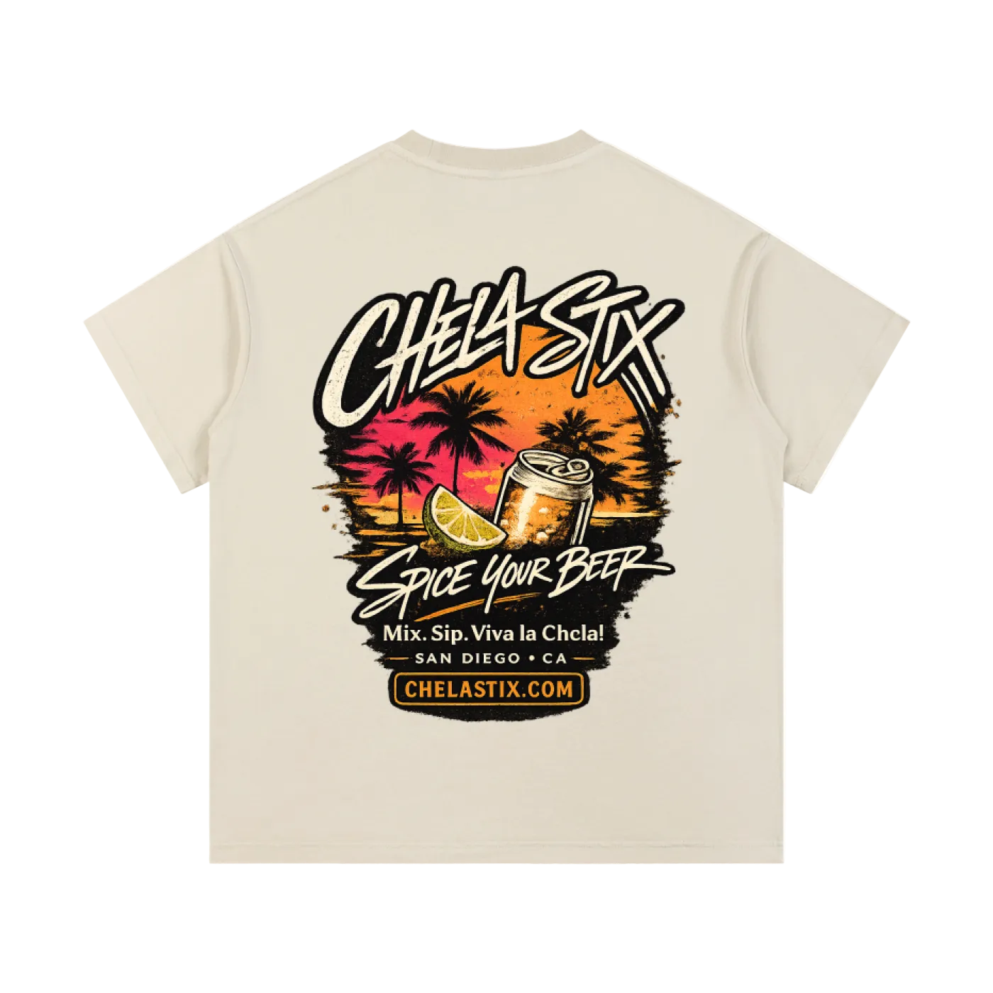 A cream-colored short-sleeve t-shirt with a large graphic print on the front. The graphic features the text 'CHEA SIX' in a stylized black and white font, above a sunset illustration with palm trees, a beer can, a lime wedge, and the text 'SPICE YOUR BEER', 'SAN DIEGO + CA', and 'CHELASTIX.