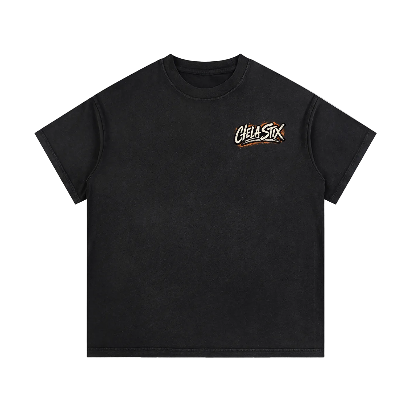 Black t-shirt with a logo on the chest against a white background