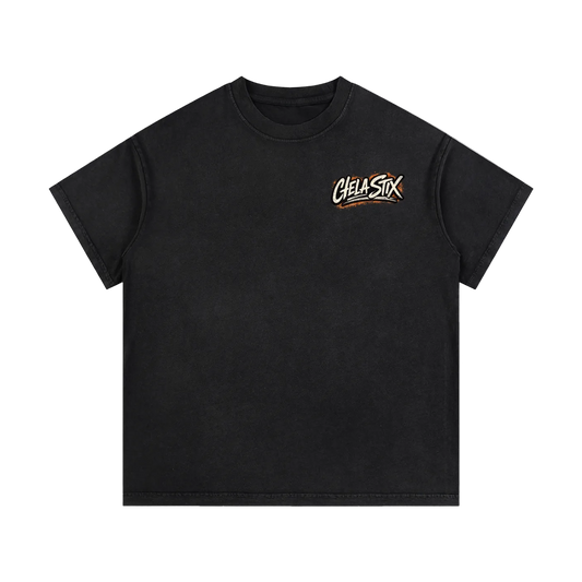 Black t-shirt with a logo on the chest against a white background