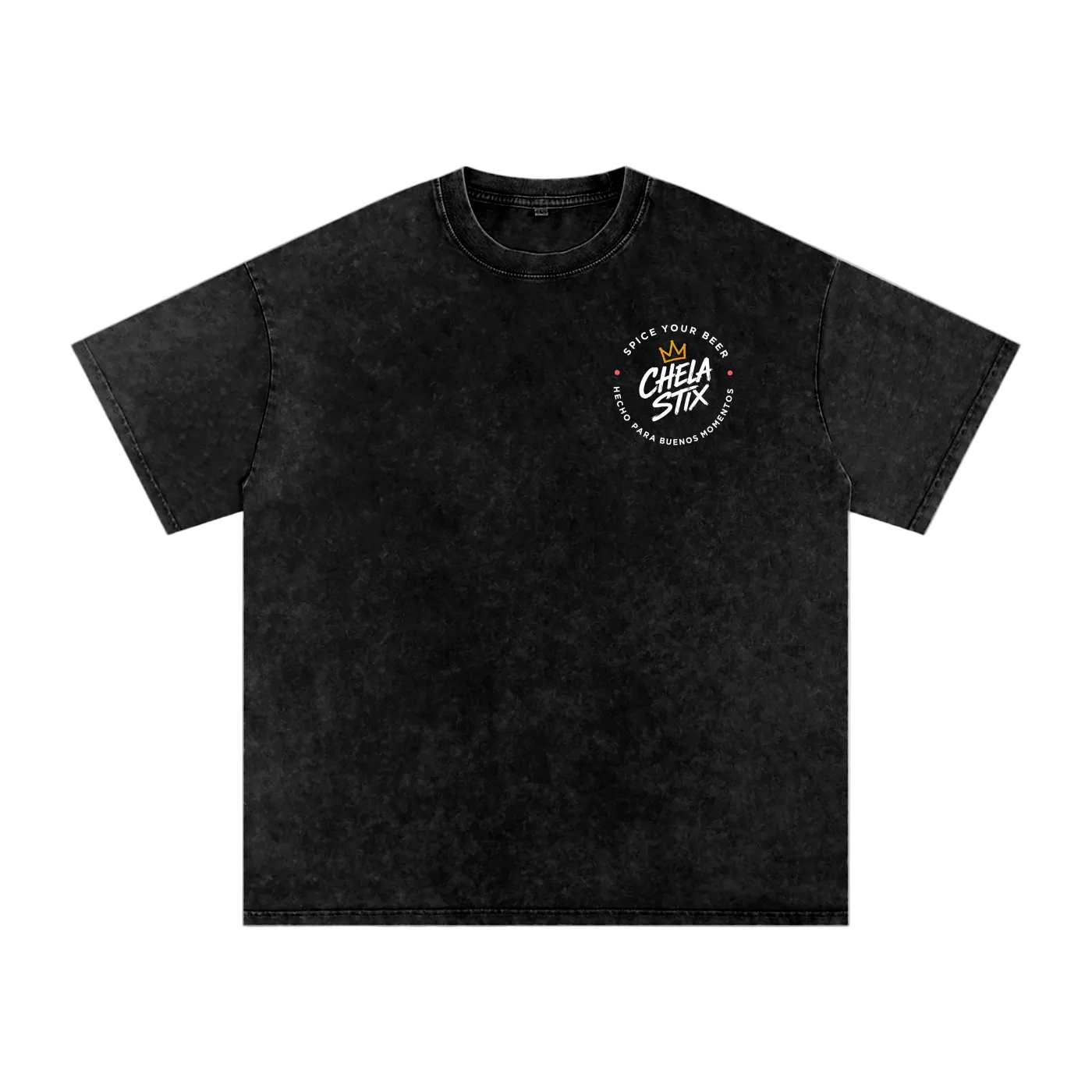 A black acid-wash short-sleeve t-shirt with a circular white graphic on the left chest reading 'CHELA STIX' and 'MAKE YOUR MARK'. The t-shirt is displayed flat against a solid white background.