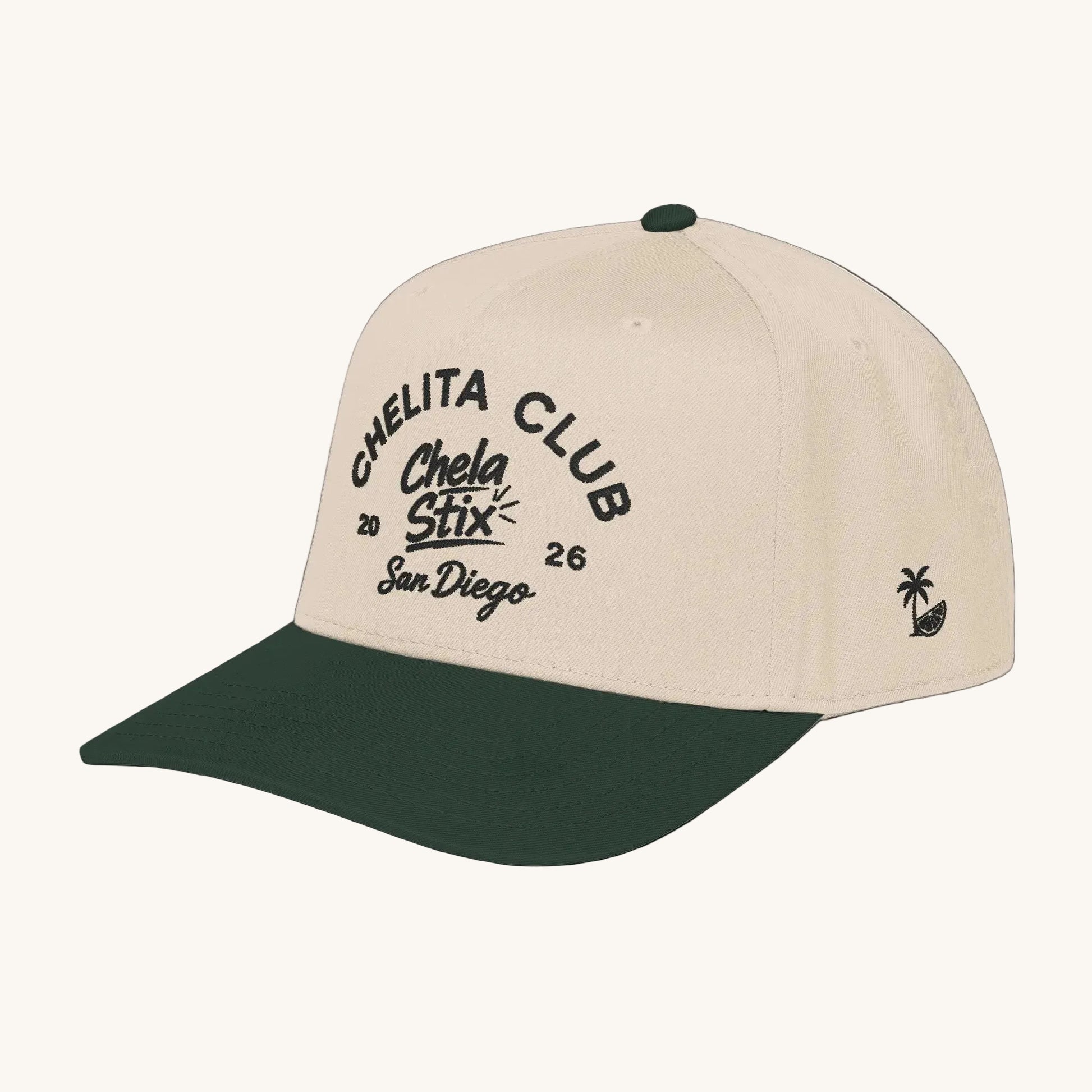 Beige and black cap with 'Two-Wheel Thrill Co.' text on a white background
