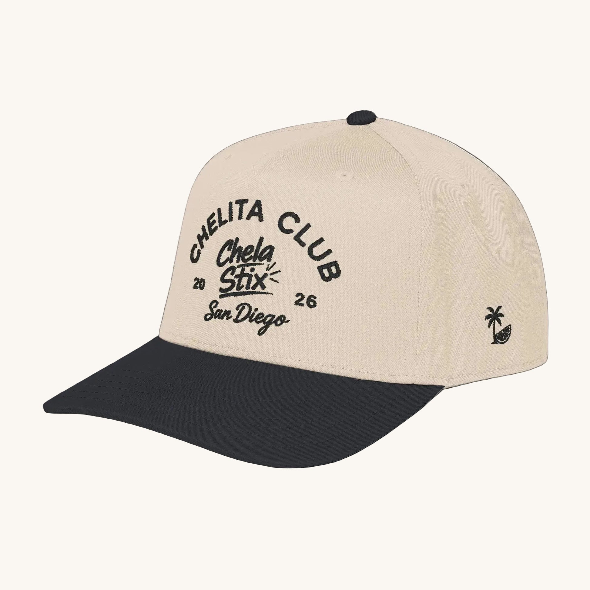 Beige and black cap with 'Two-Wheel Thrill Co.' text on a white background
