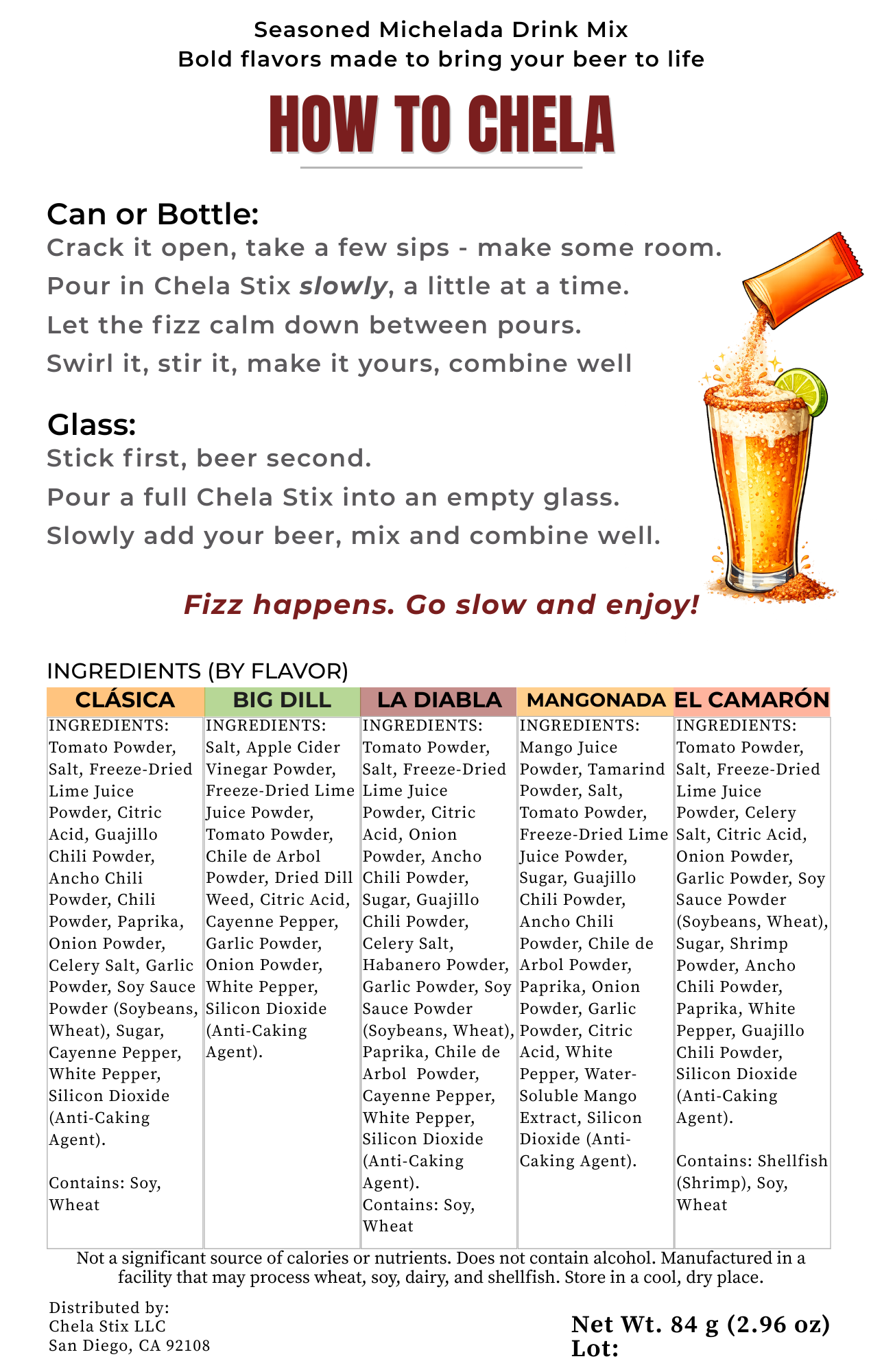 Instructions for making Chela drink mix with ingredients listed.