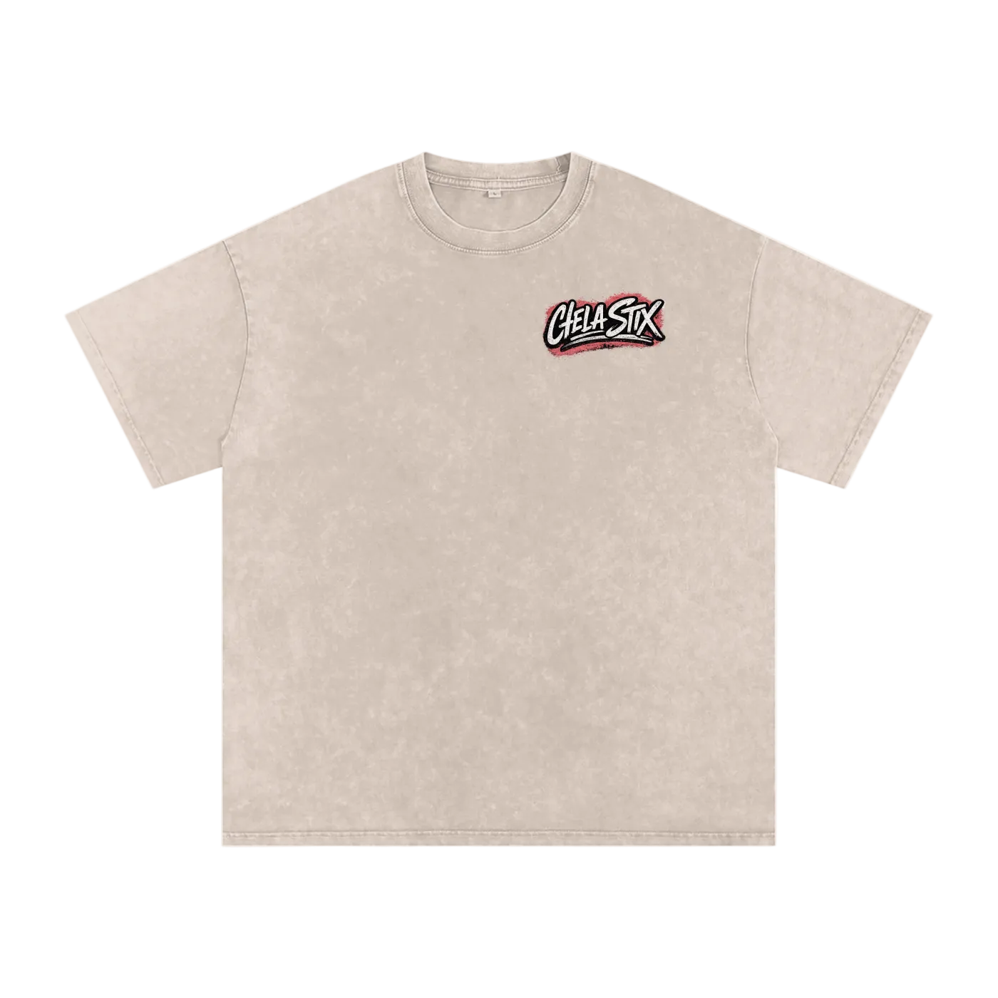 Beige t-shirt with a graphic of a face and 'Faith Forge' text on a white background