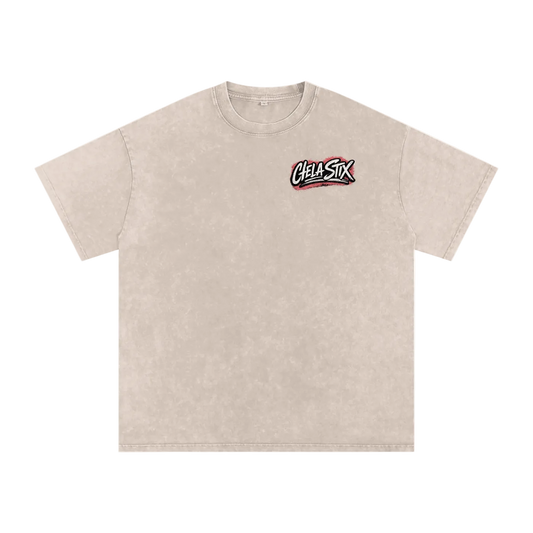 Beige t-shirt with a graphic of a face and 'Faith Forge' text on a white background