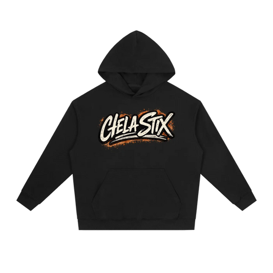 A black pullover hoodie with a front kangaroo pocket and a stylized 'GELA STIX' graphic printed across the chest in white, orange, and black.