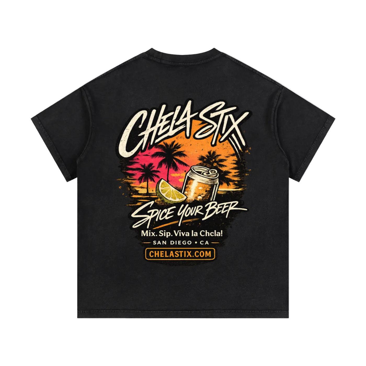 A black short-sleeve t-shirt with a large graphic on the back. The graphic features the text 'CHELA SIX' in a stylized white font, a sunset illustration with palm trees, a beer can, and a lime wedge, with the phrase 'SPICE YOUR BEER' and 'SAN DIEGO * CA' below.