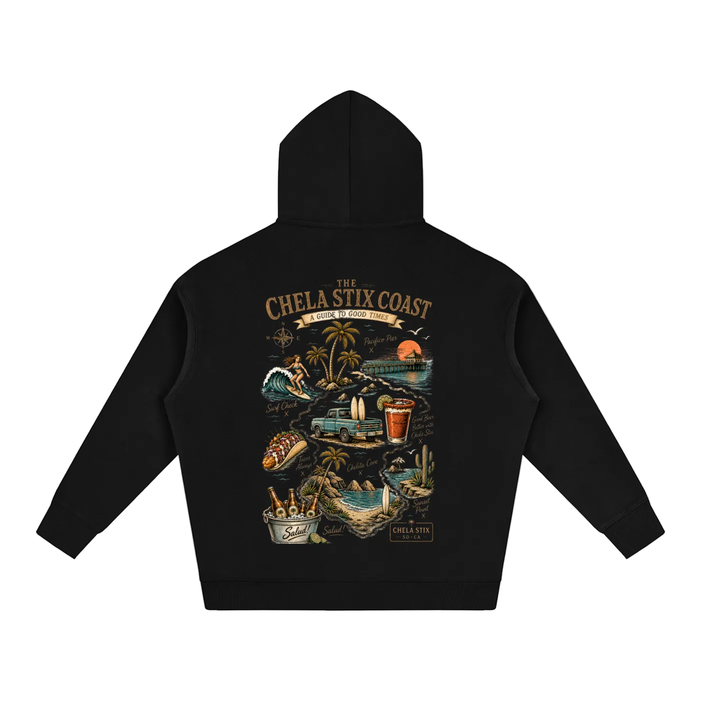 A black pullover hoodie shown from the back, featuring a large, detailed graphic print with tropical beach scenes, a blue truck, a drink, and the text 'THE CHELA STIX COAST' and 'CHELA STIX COASTAL CRAFTS'.