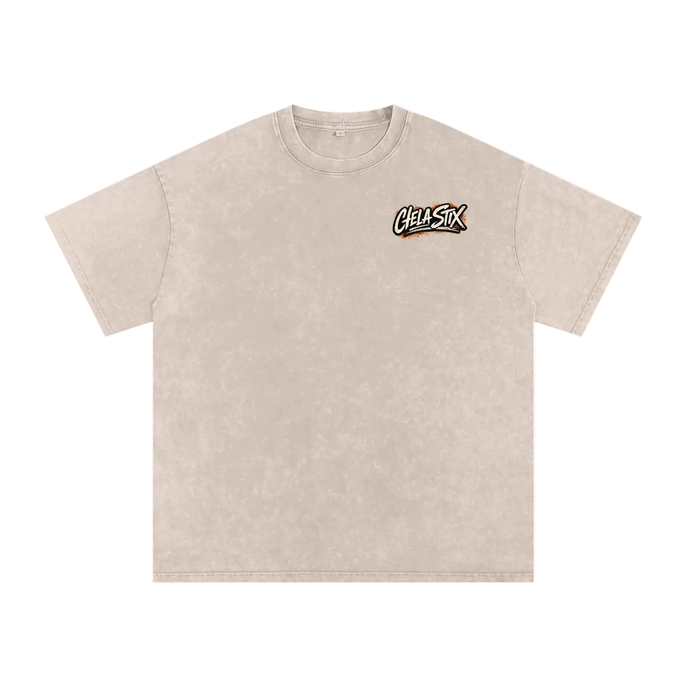 Sand color t-shirt with a logo on the chest against a white background