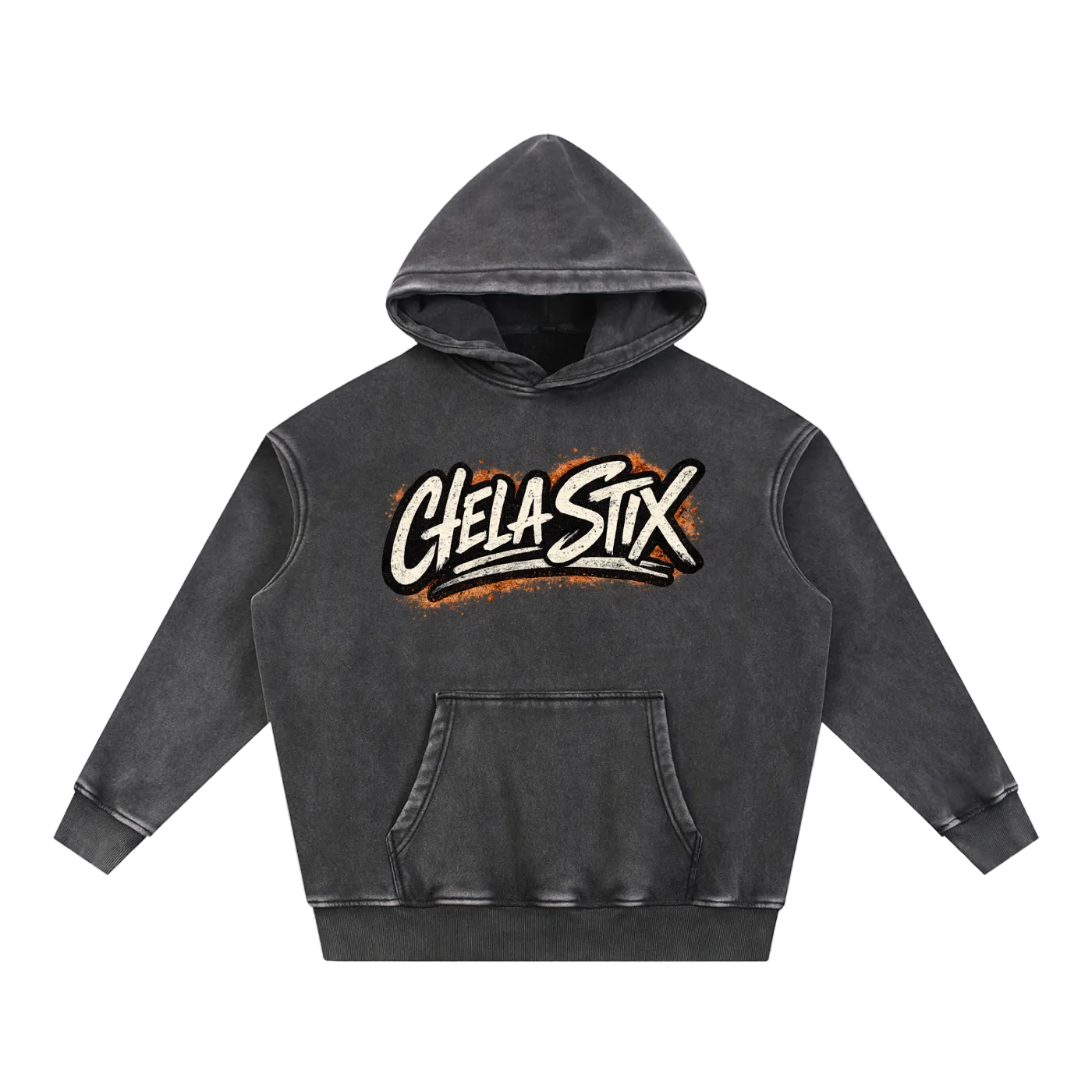 A dark gray washed hoodie featuring a stylized 'Chela Stix' graphic on the chest, displayed against a solid white background.