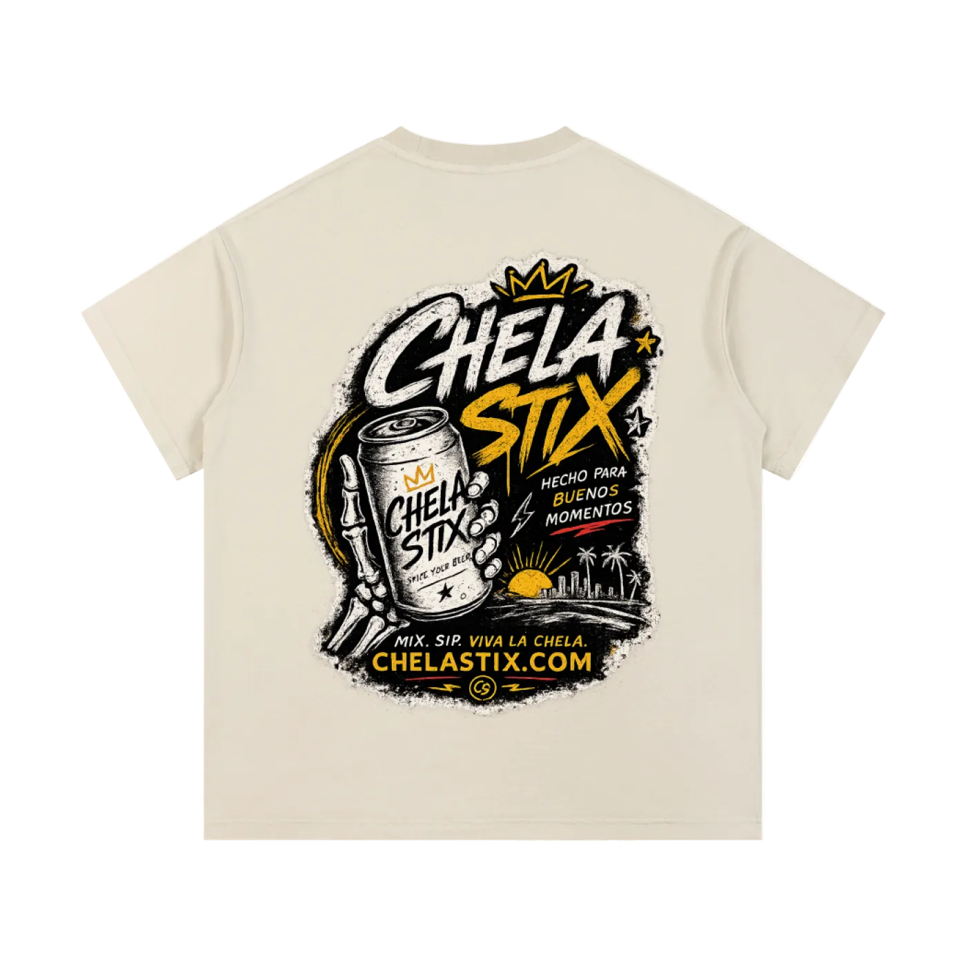 A cream-colored short-sleeve t-shirt with a large graphic print on the back. The graphic features the text 'CHELA STIX' in bold white and yellow lettering, alongside a stylized can of Chela Stix, a pistol, and a sunset illustration.