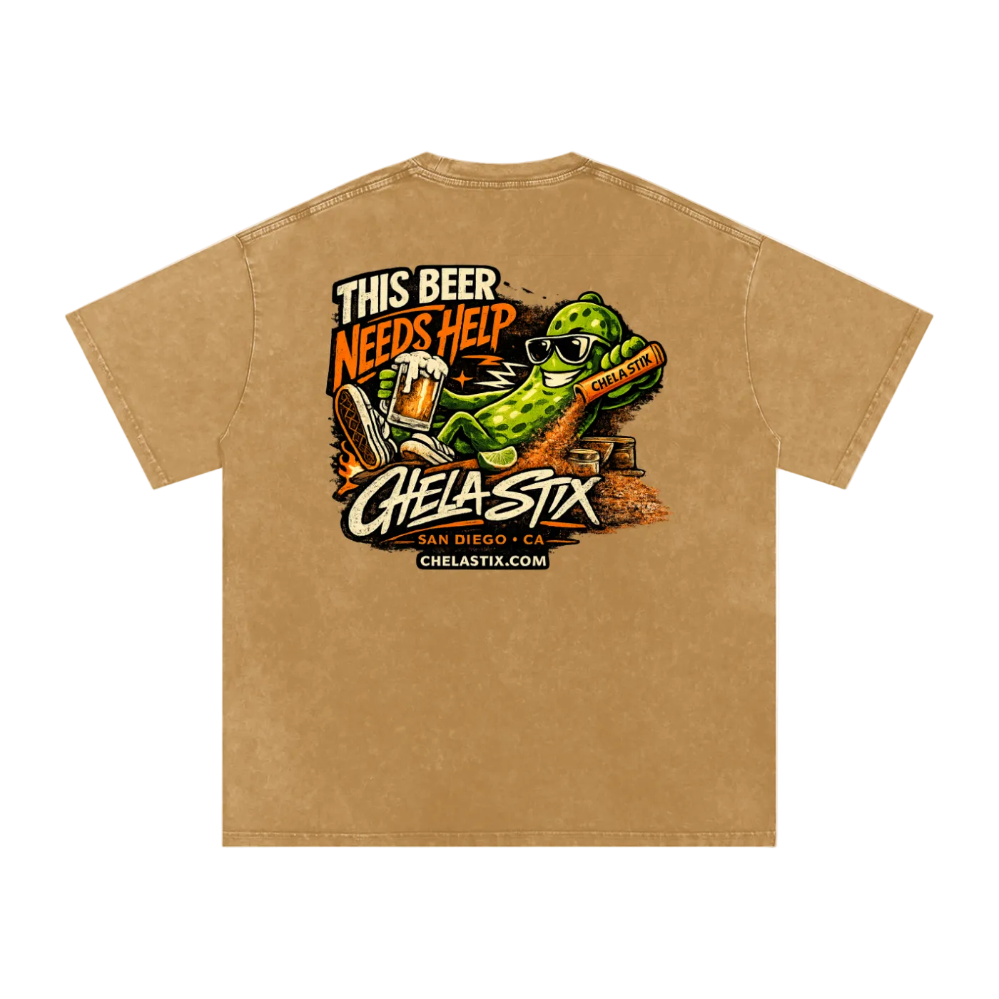 A tan short-sleeve t-shirt with a large graphic print on the back, featuring a green alligator wearing sunglasses and holding a beer mug, with the text 'THIS BEER NEEDS HELP' and 'CHELA-STX'.