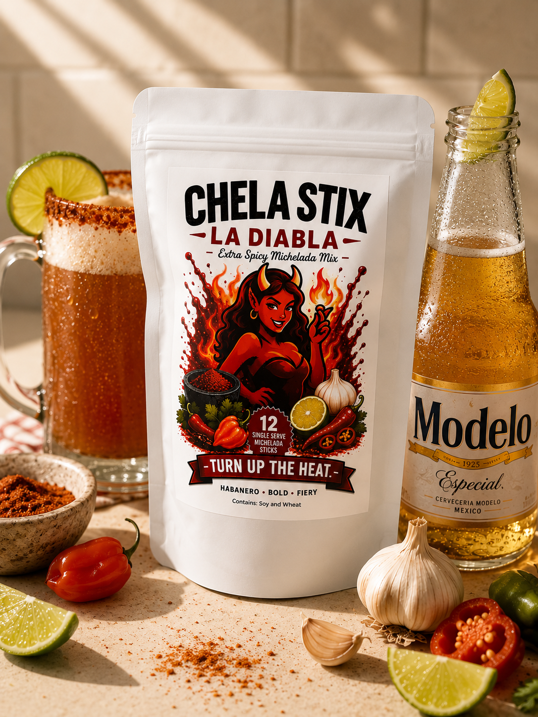 Chela Stix La Diabla package sitting on a counter with an opened modelo beer bottle, a prepared michelada and spilled spices on the counter top.