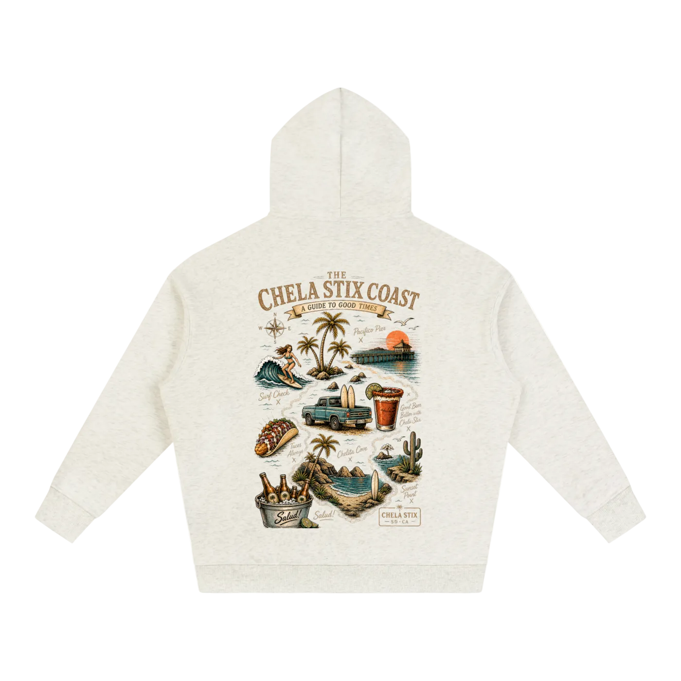 An off-white hooded sweatshirt shown from the back, featuring a large, detailed graphic print of 'The Chela Stix Coast' with illustrations of beach scenes, drinks, and vintage vehicles.