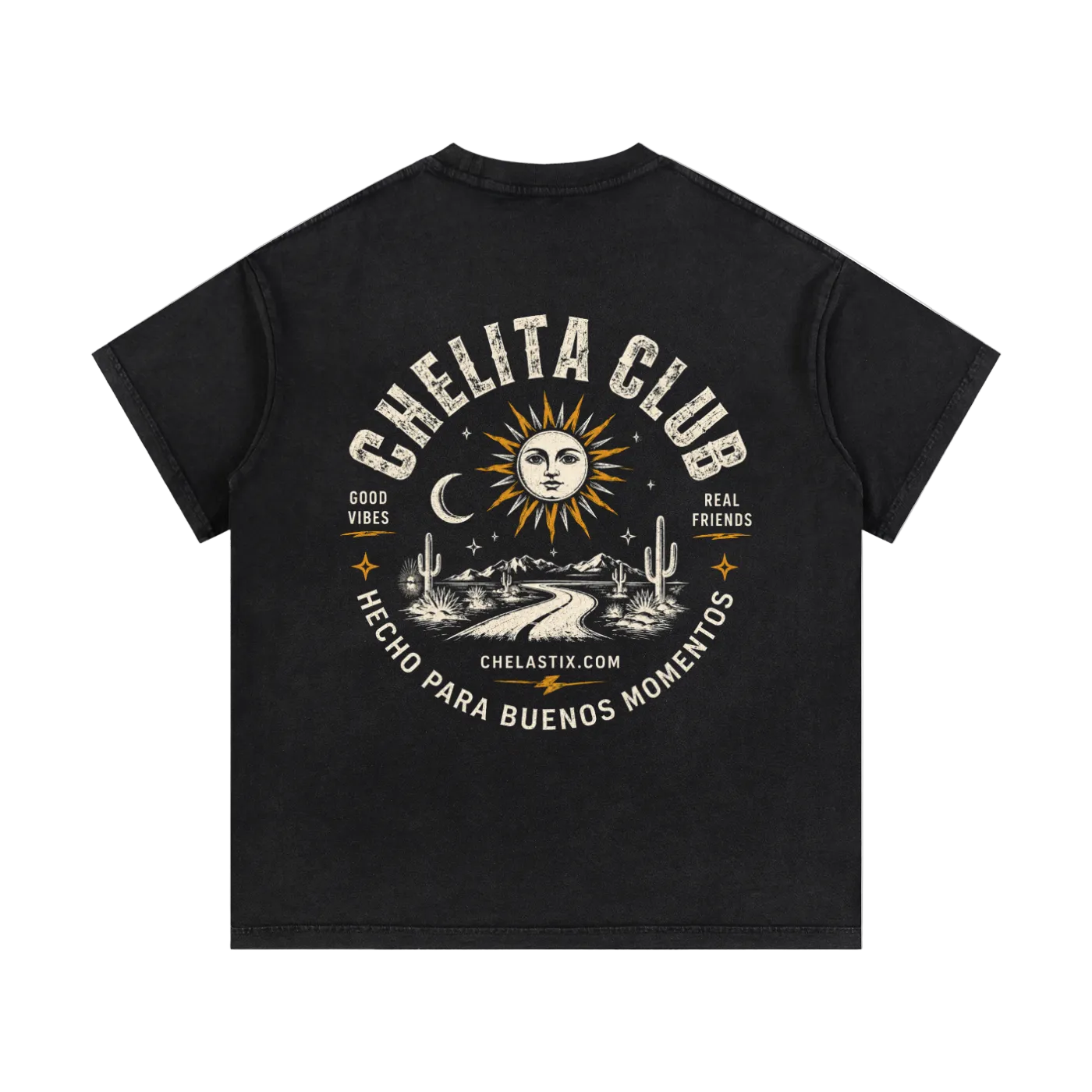 A black short-sleeve t-shirt shown from the back, featuring a large cream-colored graphic print with a sun, moon, cactus, and the text 'CHELITA CLUB' and 'HECHO PARA BUENOS MOMENTOS'.