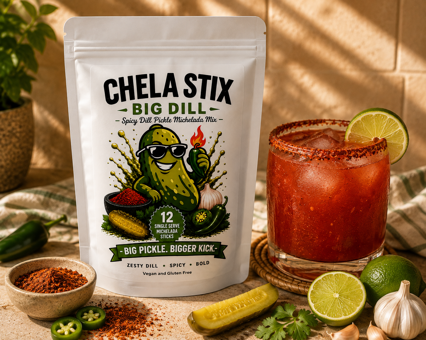 Chela Stix Big Dill package sitting on a counter with a prepared michelada in a glass and spices and a pickle sitting in front of it.