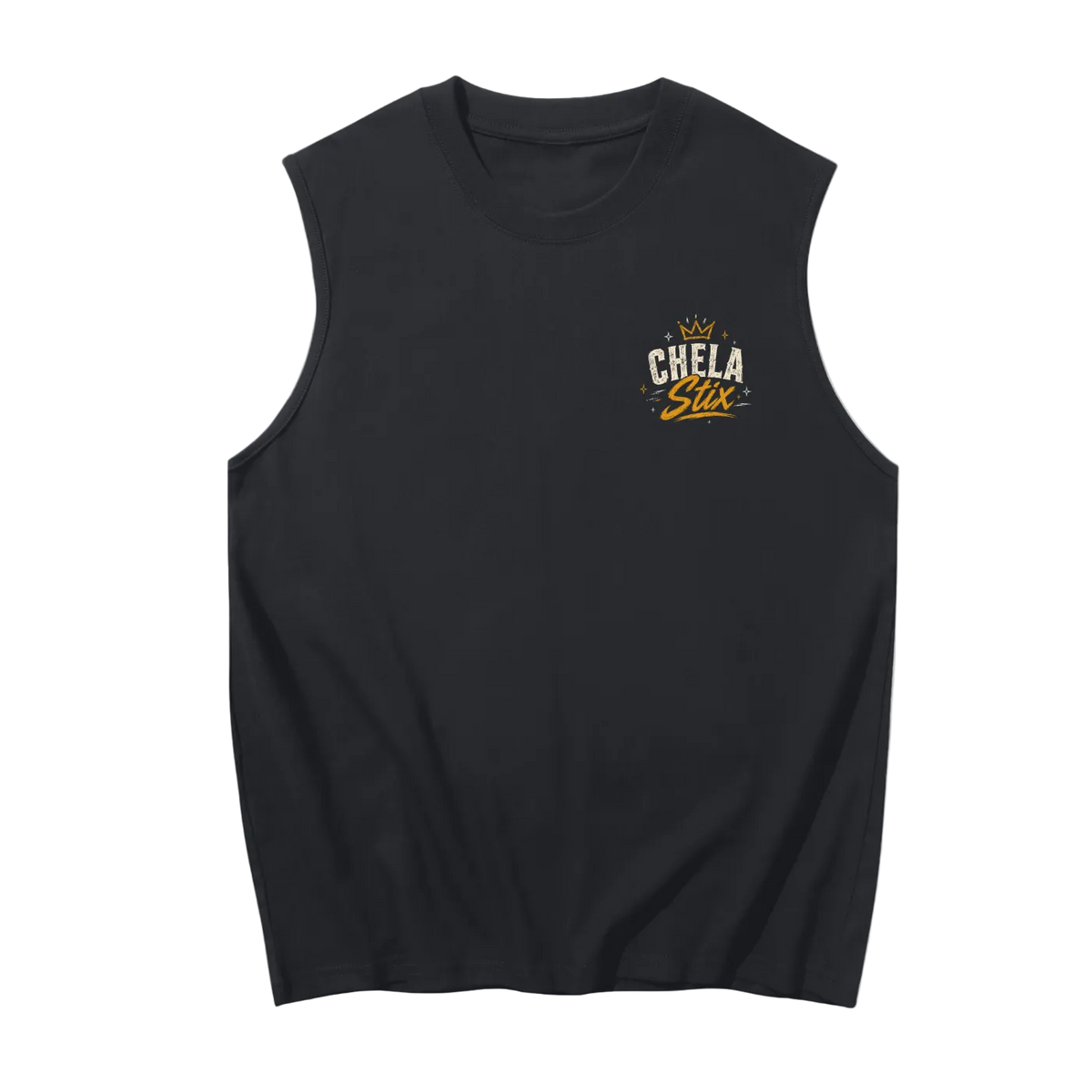 A black sleeveless muscle tank top featuring a small graphic on the left chest with the text 'CHELA Sux' in white and yellow, set against a plain white background.