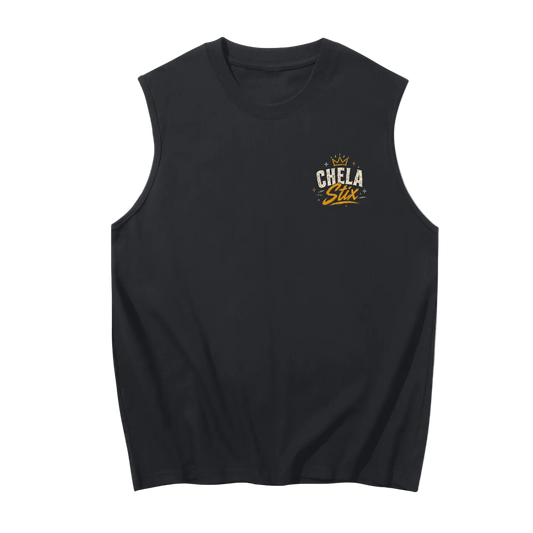A black sleeveless muscle tank top featuring a small graphic on the left chest with the text 'CHELA Sux' in white and yellow, set against a plain white background.