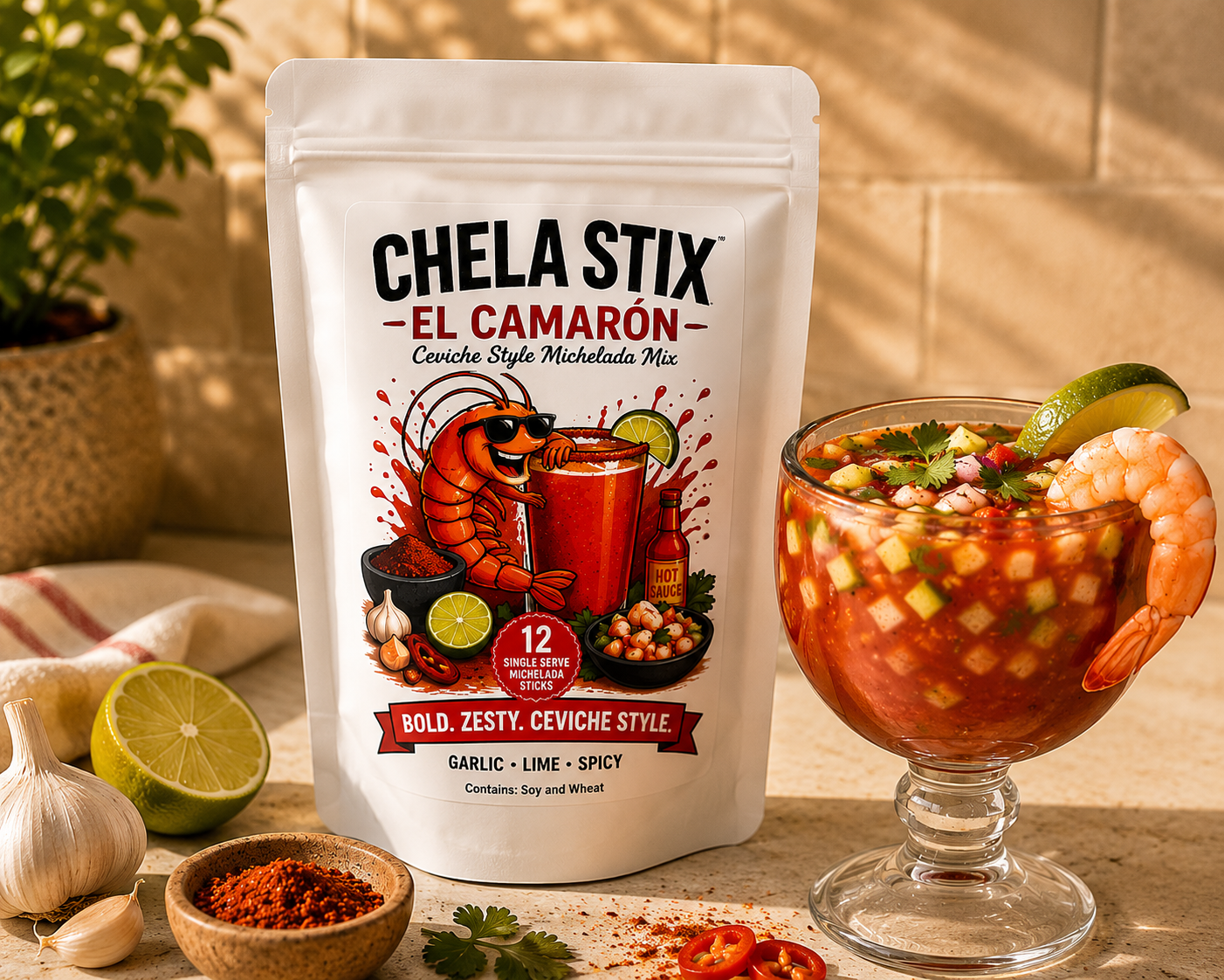 A stand-up pouch of Chela Stix El Camaron spice mix stands on a countertop beside a glass of prepared shrimp ceviche garnished with lime and cilantro. The package shows a shrimp illustration and text including garlic, lime, and spicy.