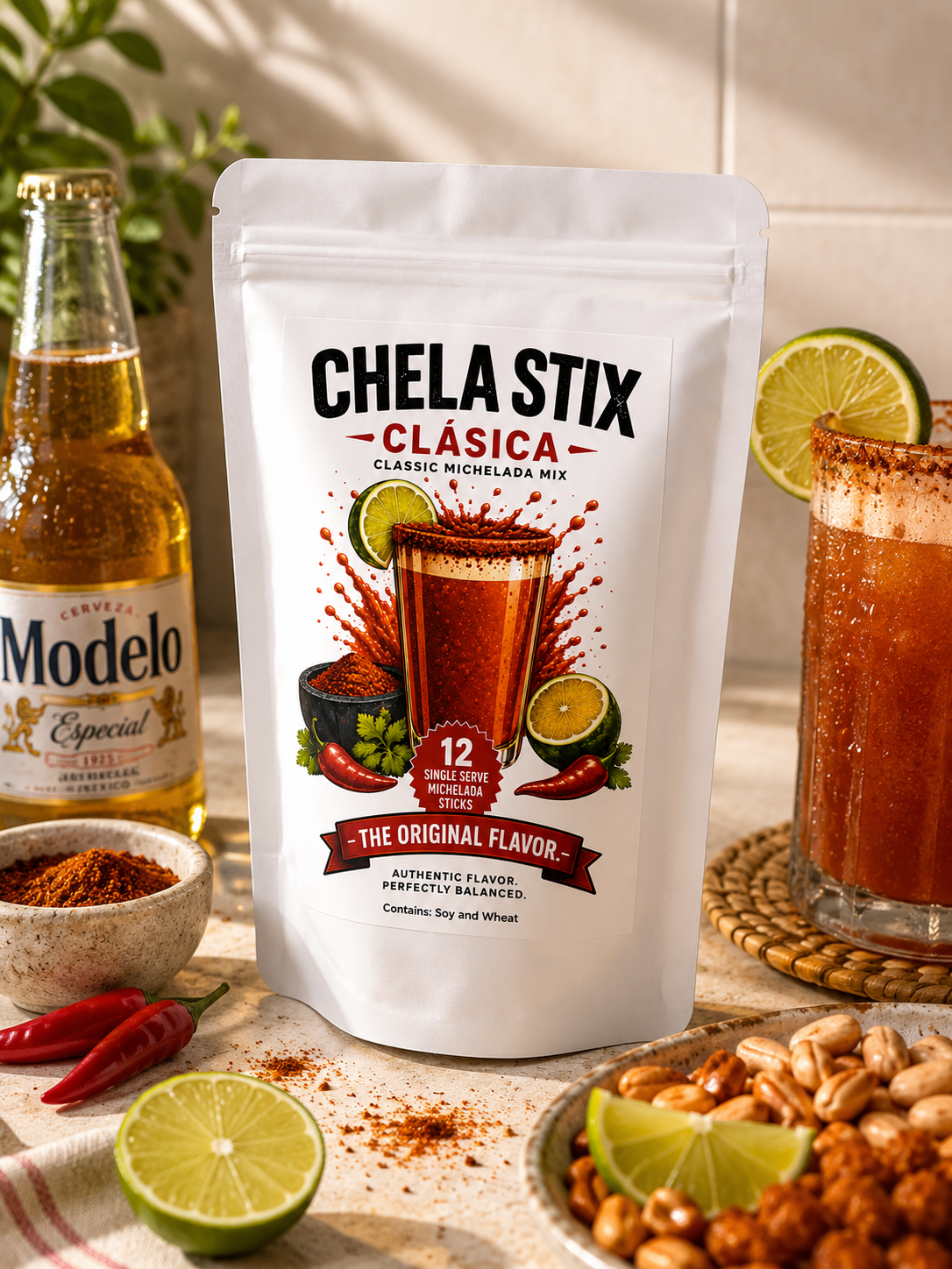 A white stand-up pouch of Chela Stix Clásica classic michelada mix stands on a tabletop surrounded by ingredients and a prepared drink. Visible props include a Modelo Especial bottle, lime slices, red chilies, a bowl of red powder, peanuts, and a glass of the orange-red blended drink.