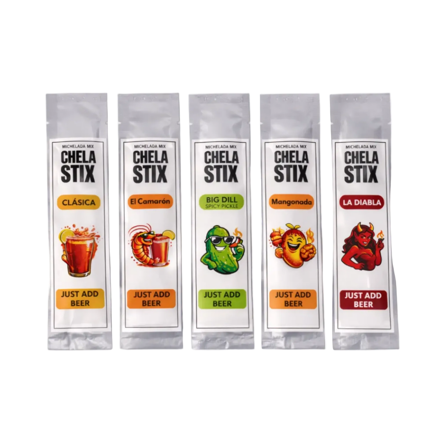 Five packages of Chela Stix with different flavors, Clasica, El Camaron, Big Dill (Spicy Pickle), Mangonada, La Diabla.