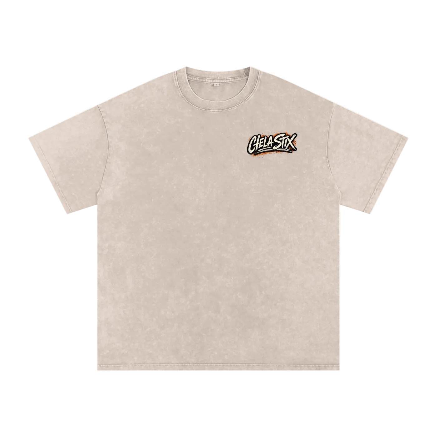 Sand color t-shirt with a logo on the chest against a white background
