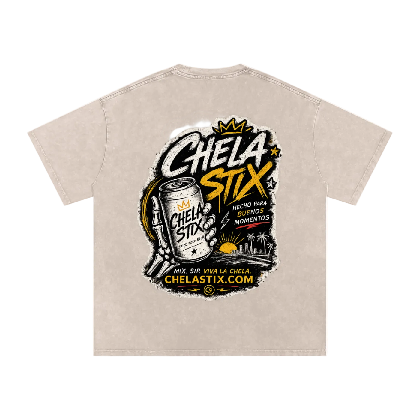 A light beige short-sleeve t-shirt with a large graphic print on the front. The graphic features the text 'Chela Stix' in stylized white and yellow lettering, a silver can of Chela Stix, and a sunset illustration with palm trees.