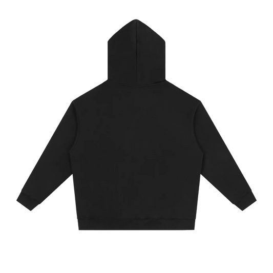 Black hoodie with text on the back on a white background