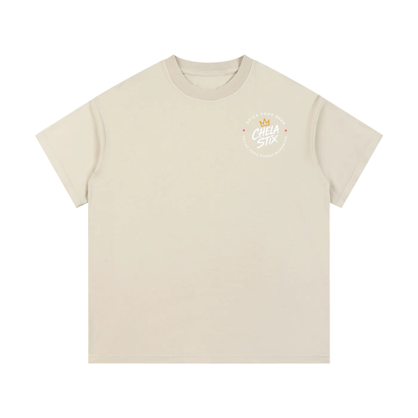 A light beige crewneck t-shirt with a small circular graphic on the left chest featuring a crown and the text 'CHEM STA' in white, set against a plain white background.