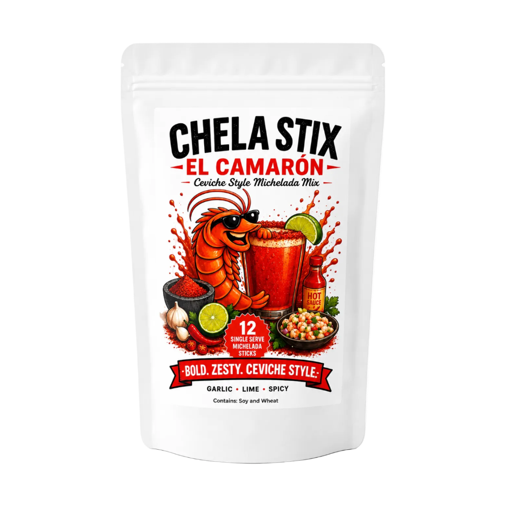 A white stand-up pouch of Chela Stix El Camarón (Ceviche Style Michelada Mix) featuring a colorful cartoon shrimp graphic on the front label.