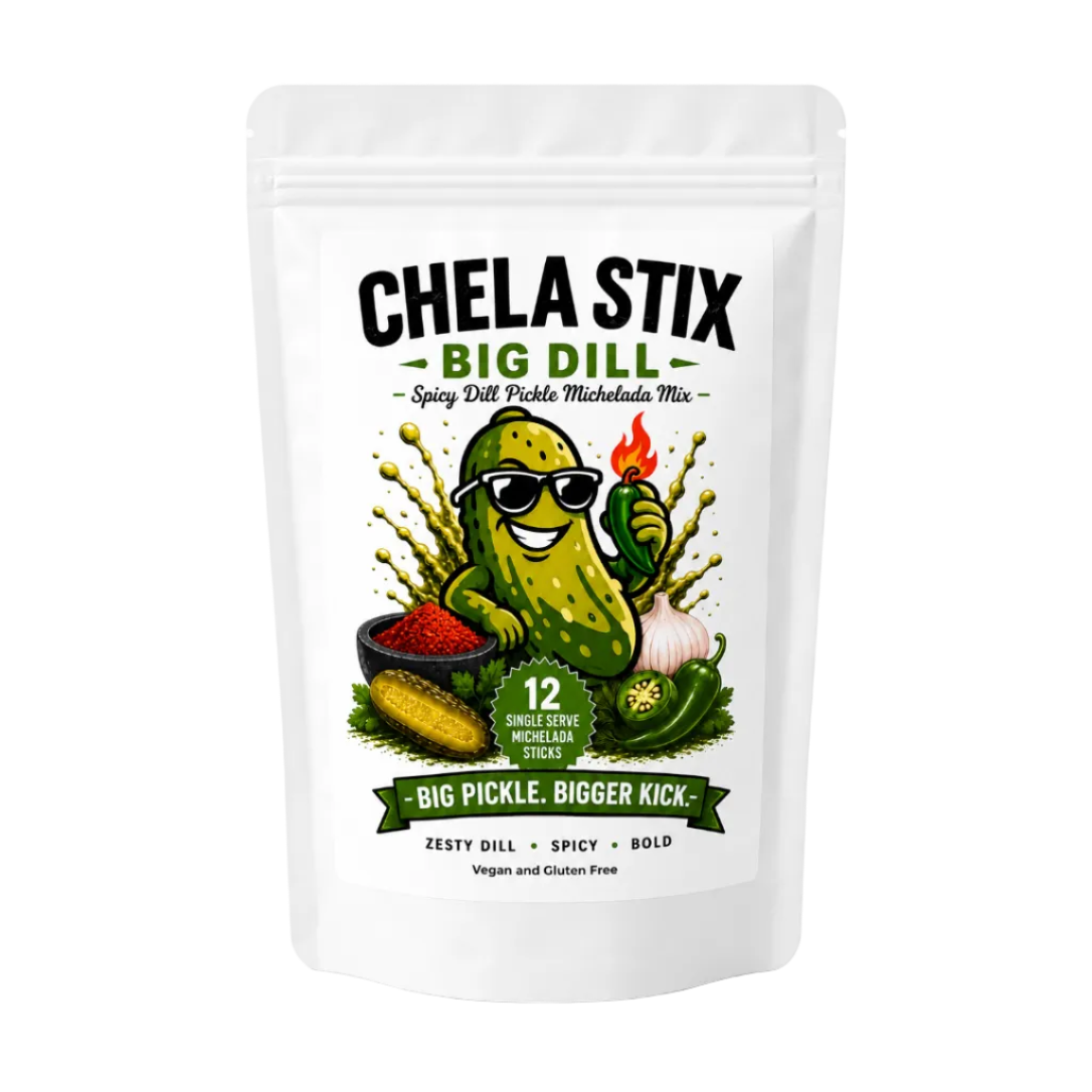 White chela stix packaghing with a dill pickle and other michelada ingredients