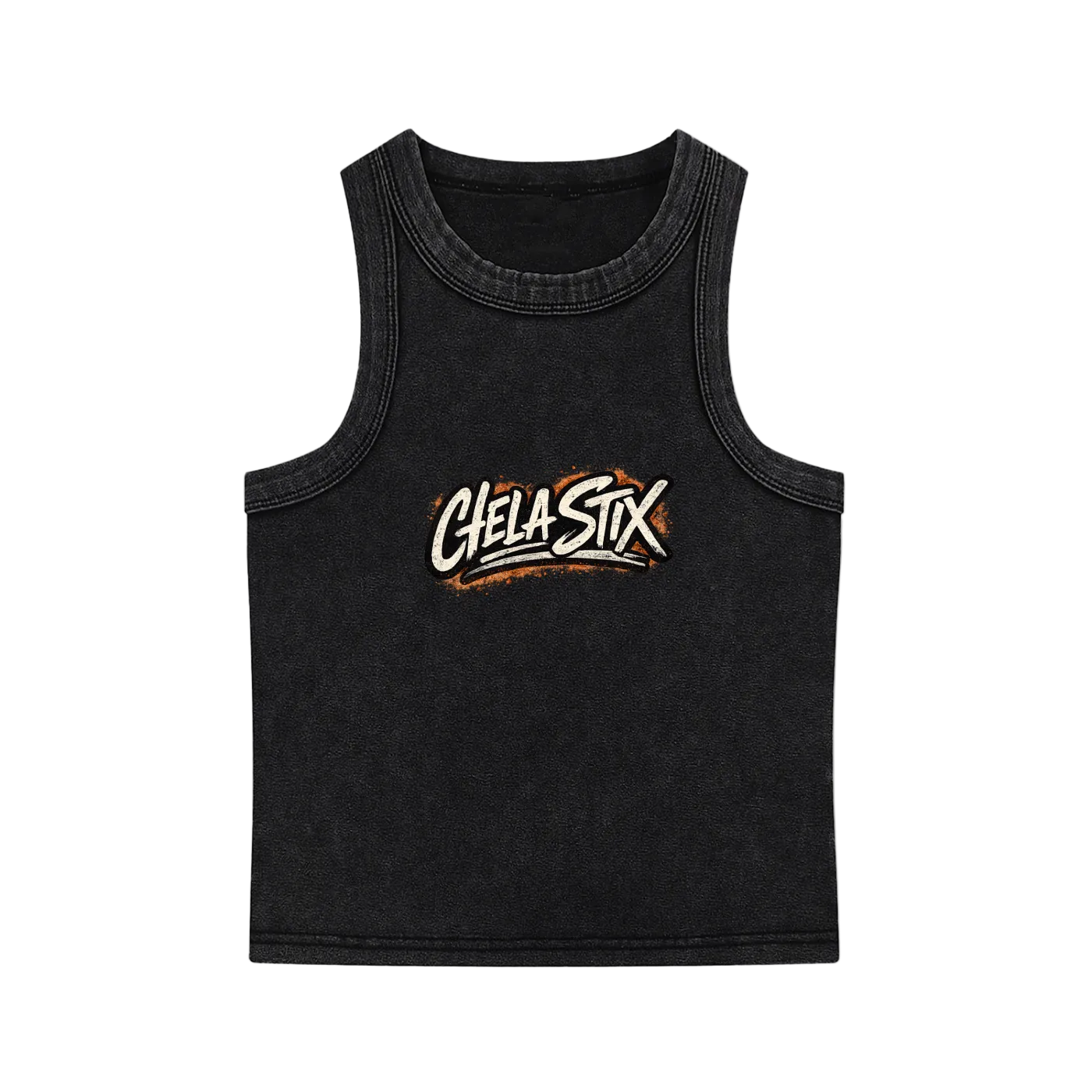 A black mineral-wash sleeveless tank top featuring a stylized 'Chela Stix' logo printed across the chest in white and orange.