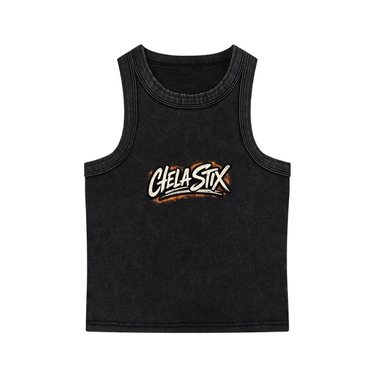 A black mineral-wash sleeveless tank top featuring a stylized 'Chela Stix' logo printed across the chest in white and orange.