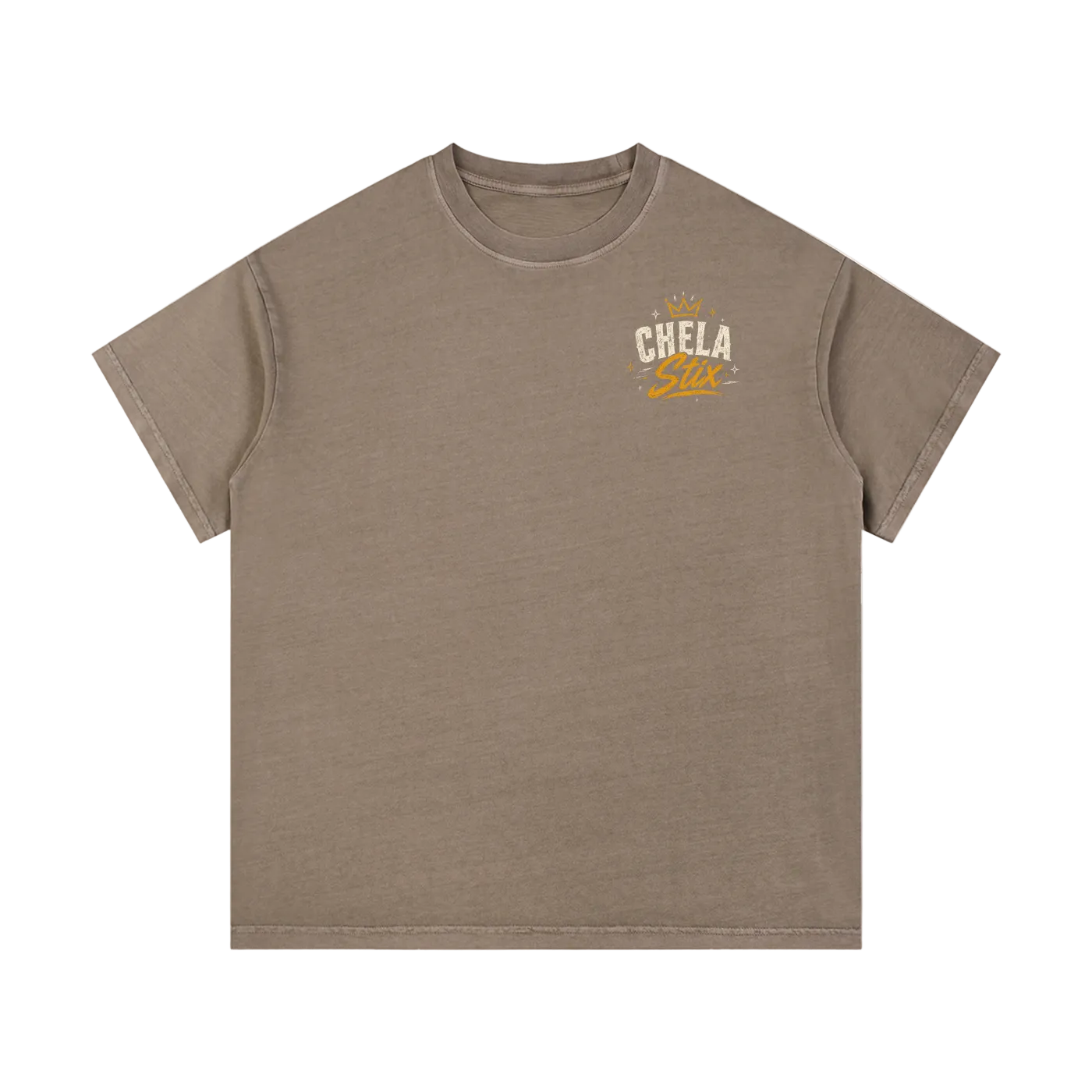 A taupe brown short-sleeve crewneck t-shirt with a small graphic on the left chest reading 'CHELA Villa' in white and yellow, displayed on a clean white background.