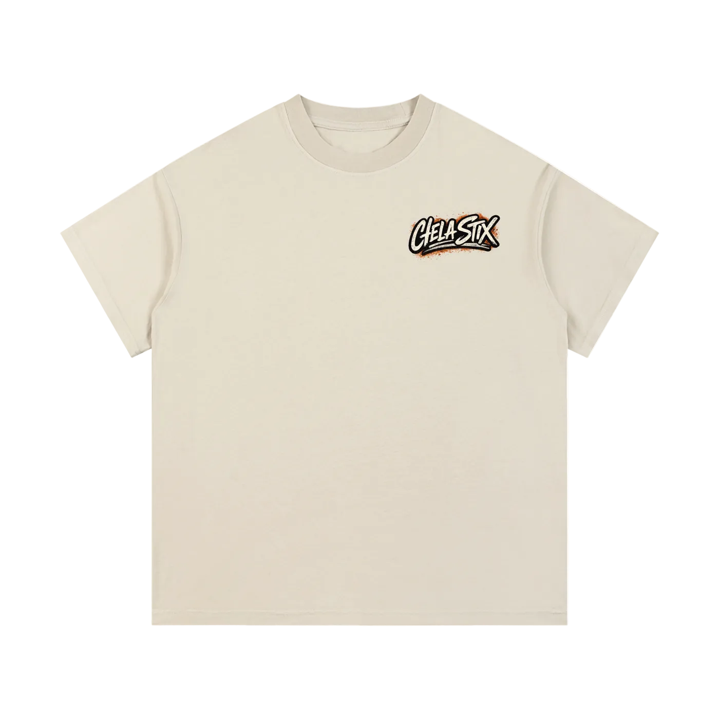 A cream-colored short-sleeve t-shirt with a stylized 'Cell-Six' graphic printed on the left chest, displayed against a solid white background.