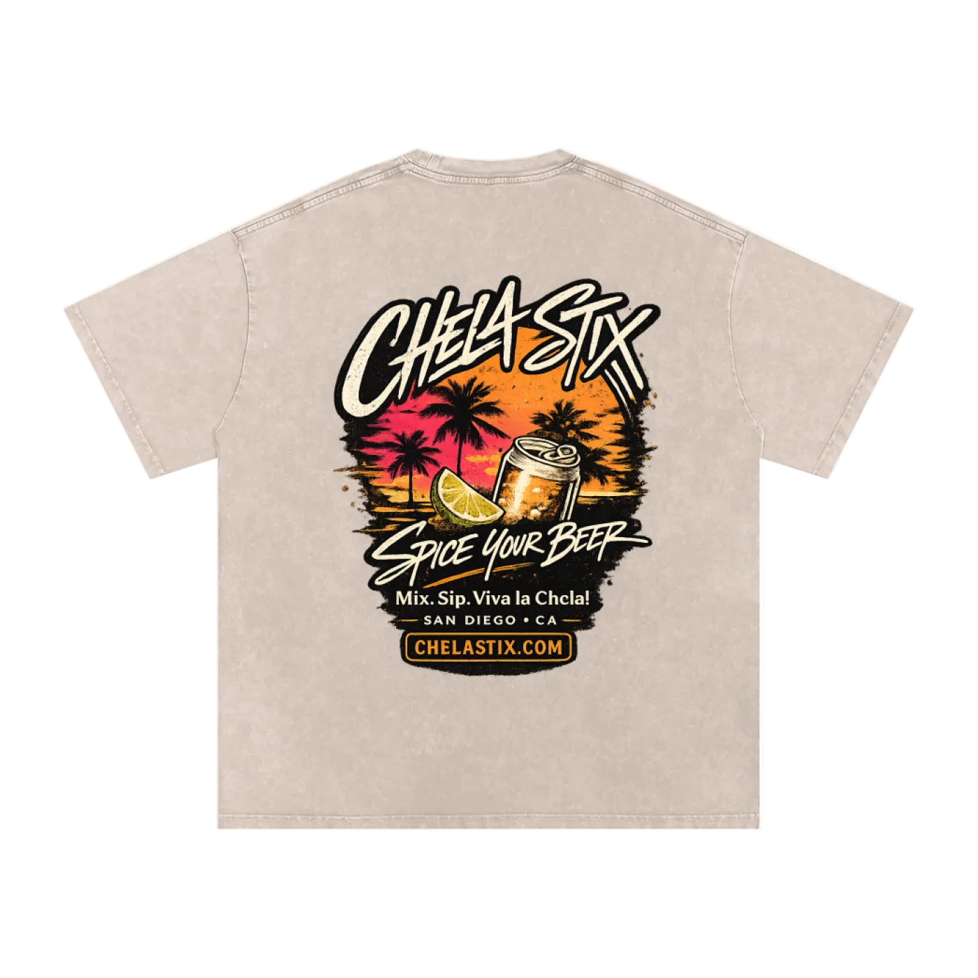 A light beige short-sleeve t-shirt with a large graphic print on the back. The graphic features the text 'CHEA-SIX' in a stylized black font, a tropical sunset scene with palm trees, a slice of lime, and a beer can, with the text 'SPICE YOUR BEER' and 'Chela Sixt San Diego + CA' below.
