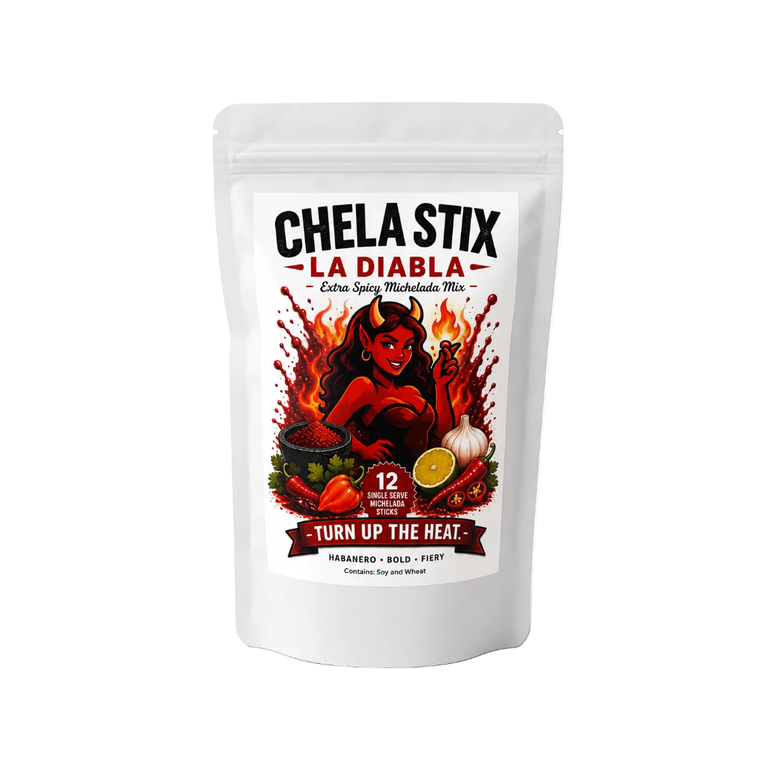 White packaging with a female devil character surrounded by spices and peppers