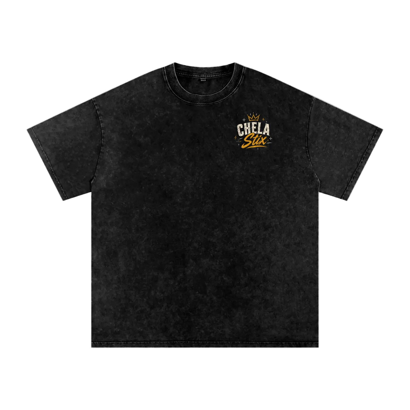 Black t-shirt with a logo on the chest against a white background