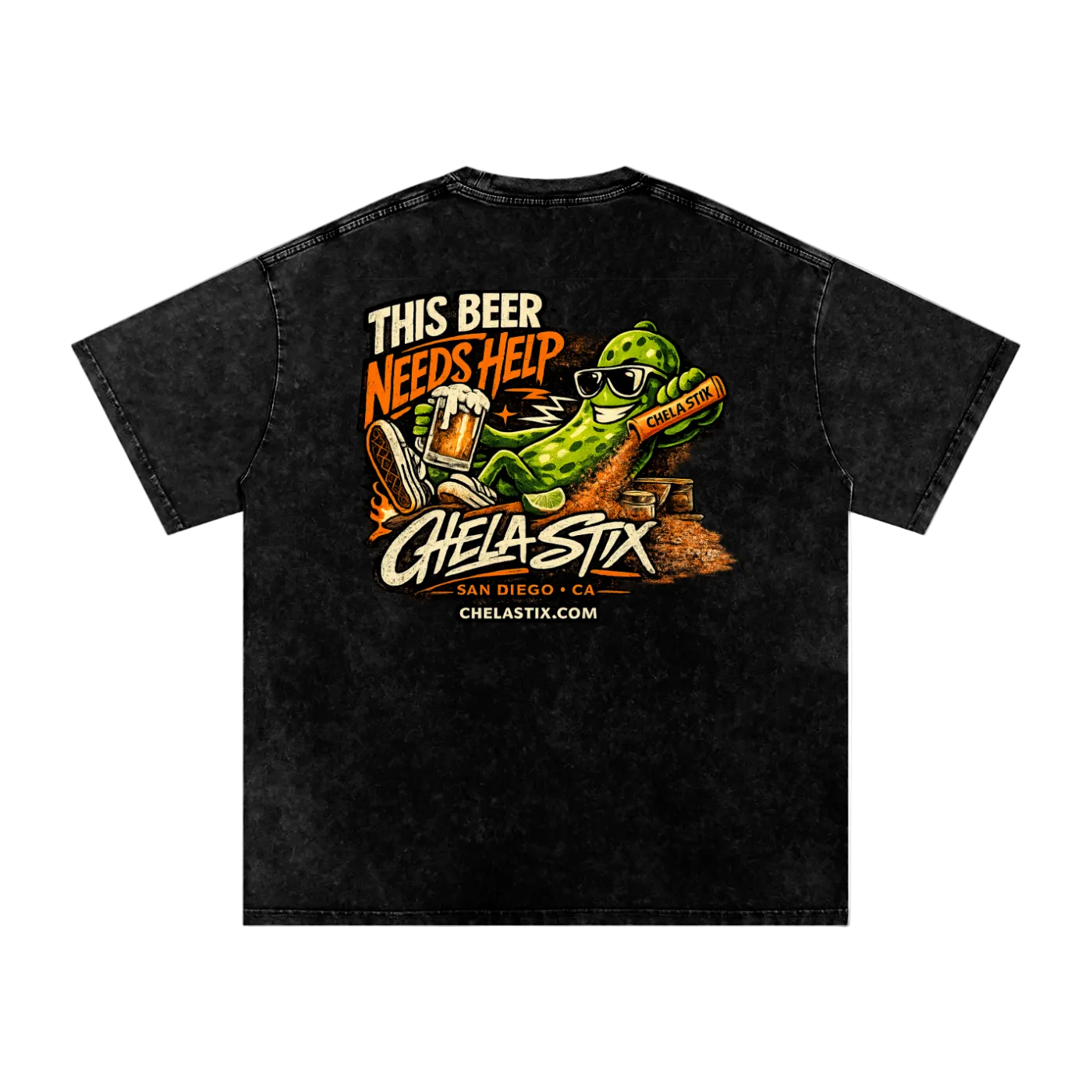 A black acid-wash t-shirt shown from the back, featuring a large graphic print of a green alligator wearing sunglasses and holding a beer mug, with the text 'THIS BEER NEEDS HELP' and 'CHELA-STX'.
