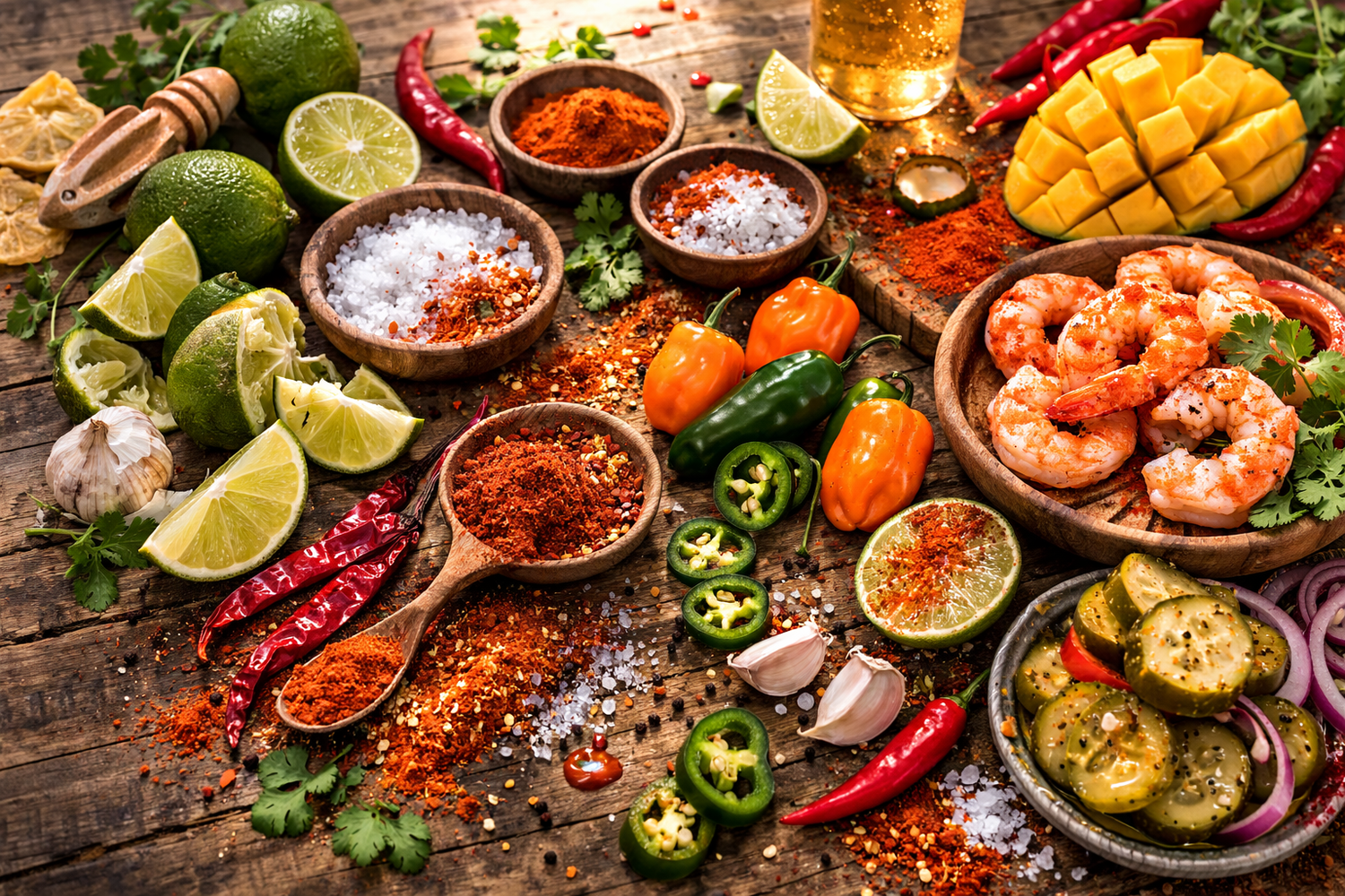 Assorted ingredients for a Mexican feast including shrimp, limes, peppers, and spices on a wooden surface.