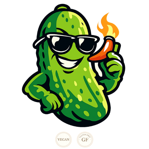 Cartoon pickle character wearing sunglasses and holding a hot pepper with a flame, on a white background.