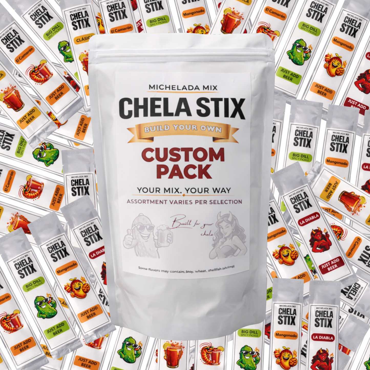 Chela Stix Michelada Mix packaging with customizable options on a patterned background