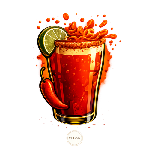 Illustration of a glass of red juice with a lime wedge and chili pepper, labeled 'Vegan'.