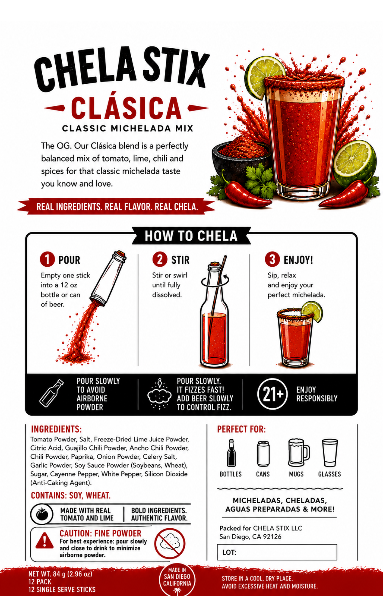 An informational poster for Chela Stix Clásica Classic Michelada Mix, featuring product branding, ingredients, preparation steps, and serving suggestions on a white background.