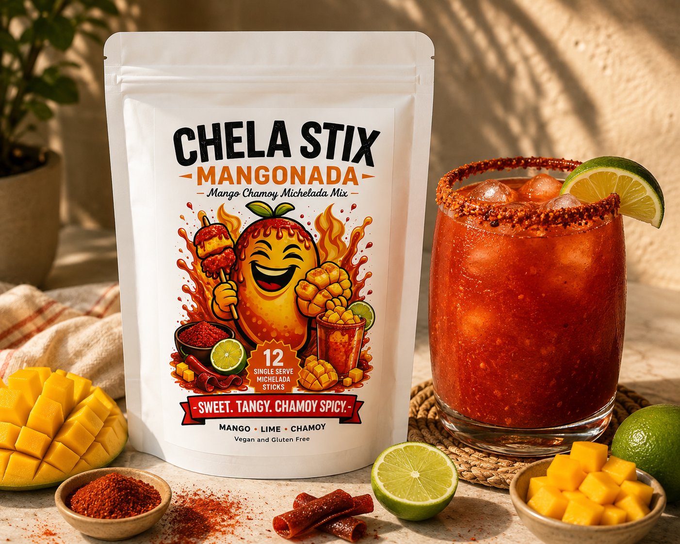 A stand-up pouch of Chela Stix Mangonada spice mix stands beside a glass of red chili drink with lime garnish, surrounded by mango pieces, limes, chili peppers, and small bowls of seasoning on a sunlit surface.